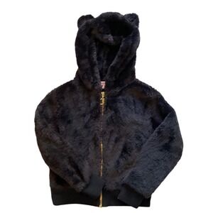 Juicy Couture Girls Black Faux Fur Hoodie Bear Ears Zip Up Jacket XS 5/6